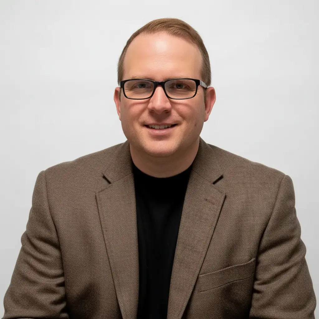 Professional headshot of a healthcare executive wearing glasses and a brown blazer, representing leadership in addiction treatment and detox services at Haven Detox Oklahoma, photographed against a white background.