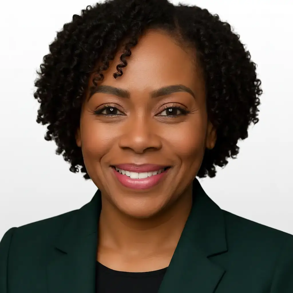 Professional headshot of a smiling woman with short natural curly hair wearing a dark green blazer against a white background.